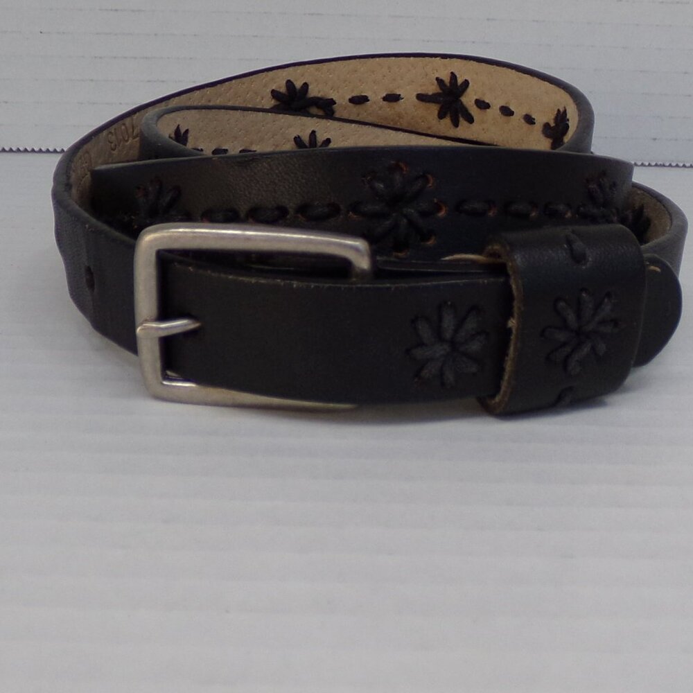 Belt Genuine Leather Black Embroidered Design Silver Buckle